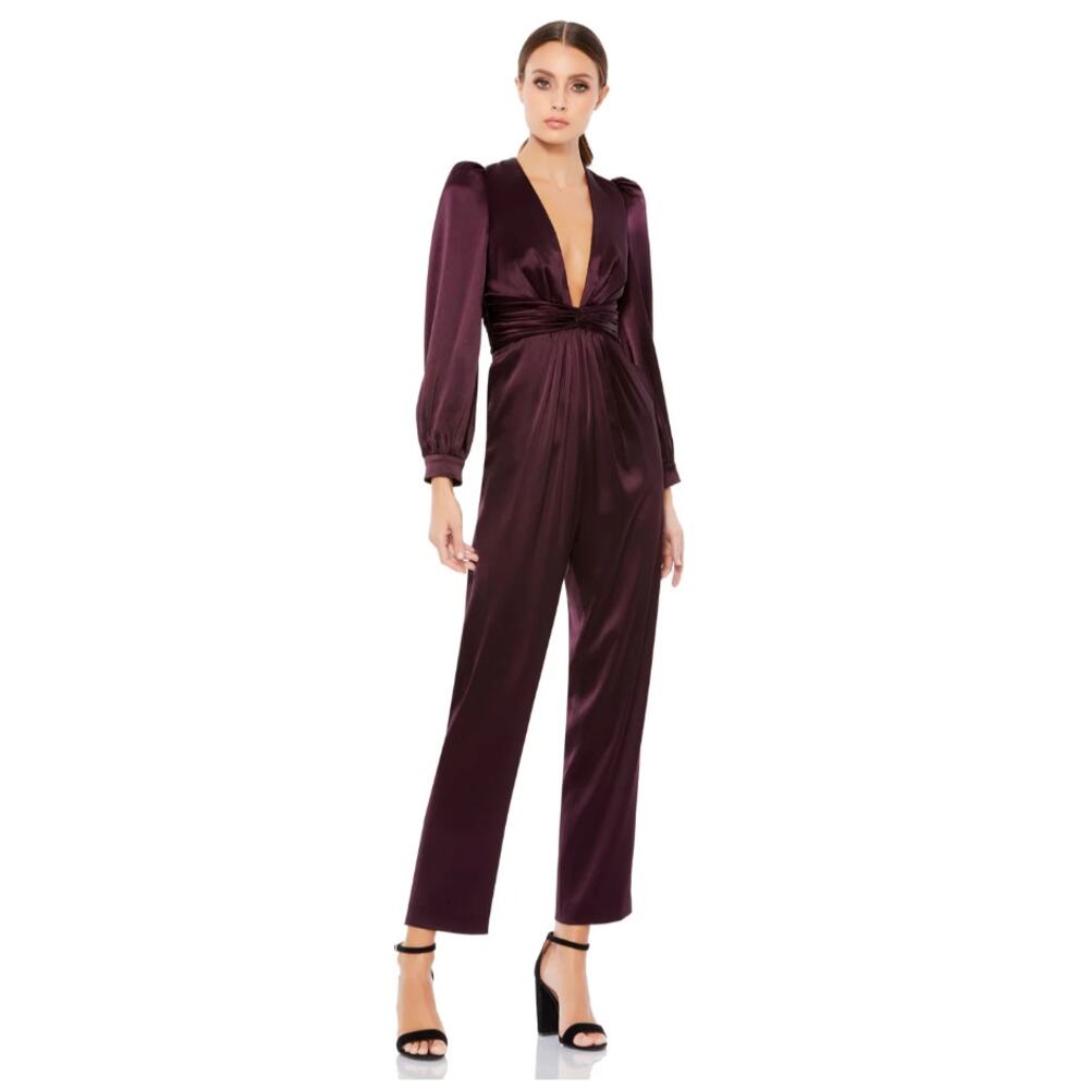 NWT‎ Mac Duggal FRONT TWIST PUFF SLEEVE DEEP V JUMPSUIT, Size 12, Plum, #2647